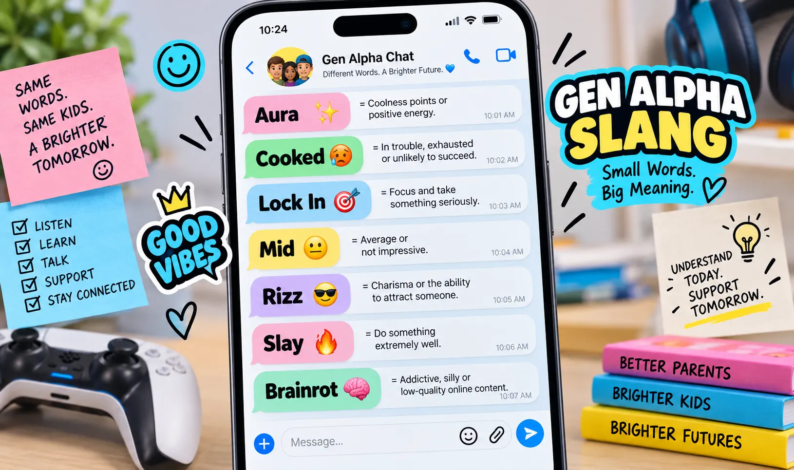 Gen Alpha slang meanings including aura cooked lock in mid rizz and brainrot