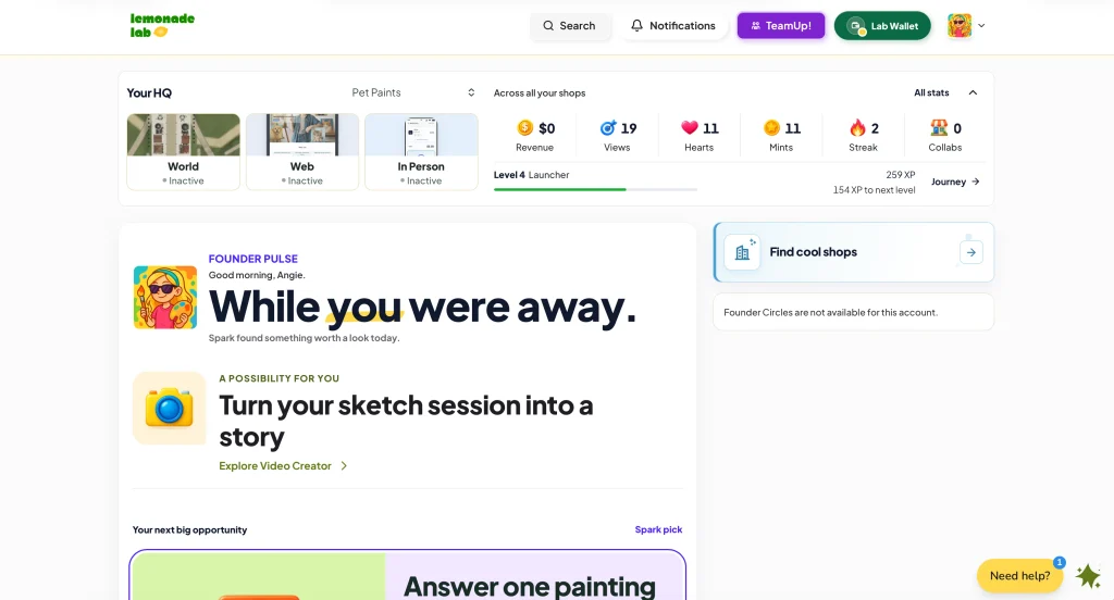 Lemonade Lab dashboard for young creators