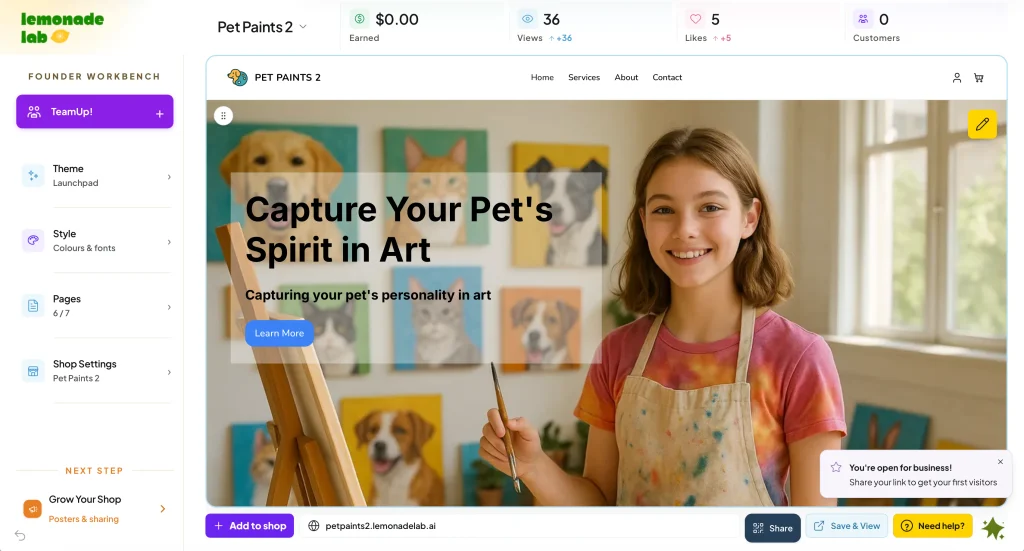 Pet Paints 2 shop builder inside Lemonade Lab